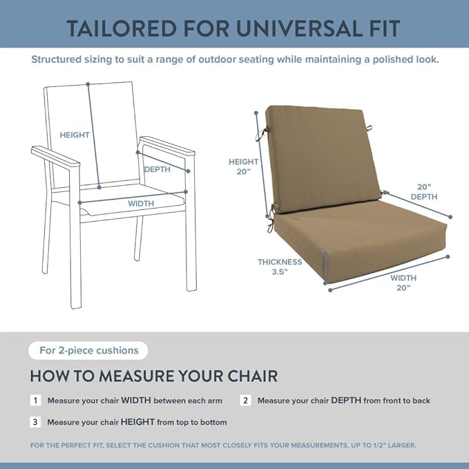California Umbrella Outdoor Dining Chair, Set of 2 Patio Seat Cushions, 20 x 40 Inch, Premium Outdoor Memory Foam, Fade Resistant, Sunbrella Fabric, Fabric Ties, Heather Beige