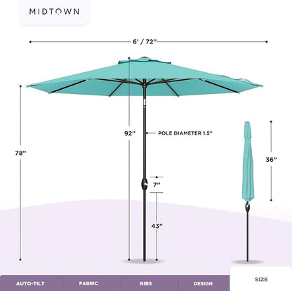 Midtown Umbrellas - 10-Year-No-Fade 6 Ft Patio Umbrella with Terylast Fabric, Auto-Tilt Aluminum Frame and 8 Reinforced Ribs for Deck, Pool, Garden & Beach - Black/White Stripes Canopy, Black Pole