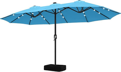 ABCCANOPY 15FT Solar LED Double-Sided Umbrella with Base, Turquoise | Rectangular Outdoor Table Umbrella with Crank, Heavy Duty Market Umbrella Shade for Garden,Poolside, Lawn, Backyard