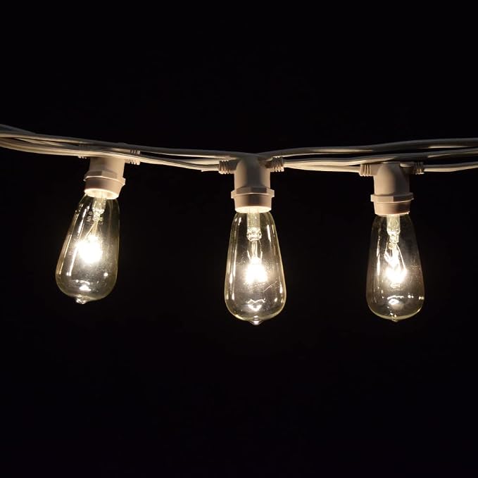 Commercial Vintage Edison String Lights (PS50 Clear - White Wire, 25 Foot) | ST40 Clear 7 Watt Bulbs, 25 Foot 20 Socket, Commercial Grade Outdoor Lights