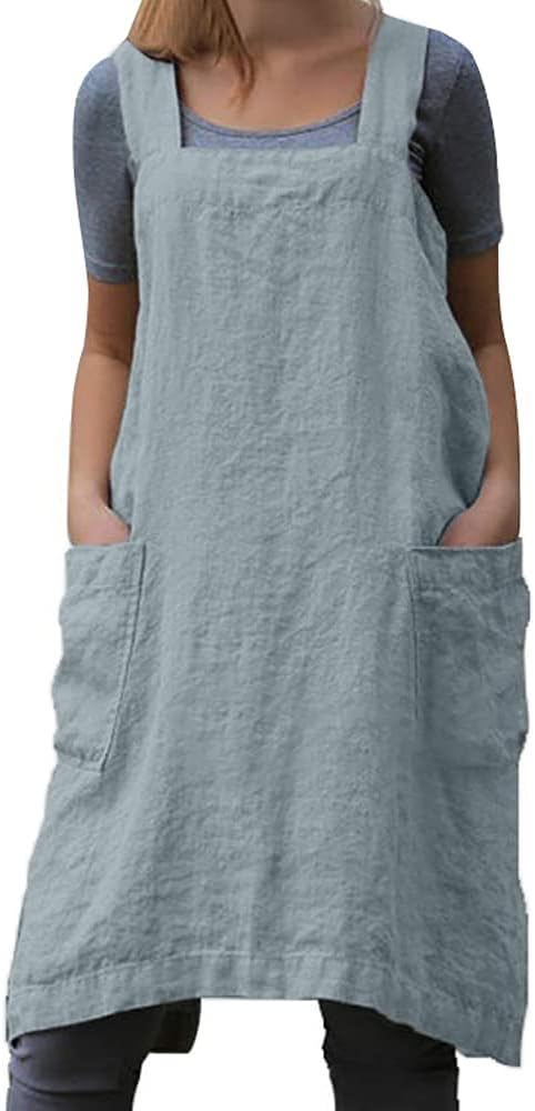 TBA Cotton Linen Apron Cross Back Apron for Women with Big Pockets Square Pinafore Dress for Baking Cooking BBQ & Grill
