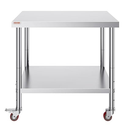 Vevor 30x36x34 Inch Stainless Steel Work Table 3-Stage Adjustable Shelf with 4 Wheels Heavy Duty Commercial Food Prep Worktable with Brake for Kitchen Prep Work