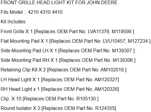 Replacement for John Deere Grille/Head Lights/Mounting Pad/Clips LVA11379 Fits 4210 4310 4410 OEM