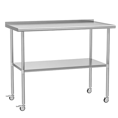 Stainless Steel Prep Table 30" X 48" with Adjustable Undershelf, Backsplash and Wheels, Commercial Metal Workstations for Kitchen, Garage, Outdoor BBQ