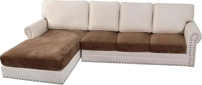H.VERSAILTEX Velvet Stretch Sectional Couch Covers 4 Pieces Sofa Seat Cushion Covers L Shape Separate Cushion Couch Chaise Cover for Both Left/Right Couch(Large Sofa 3 Seater + 1 Chaise, Caramel Cafe)