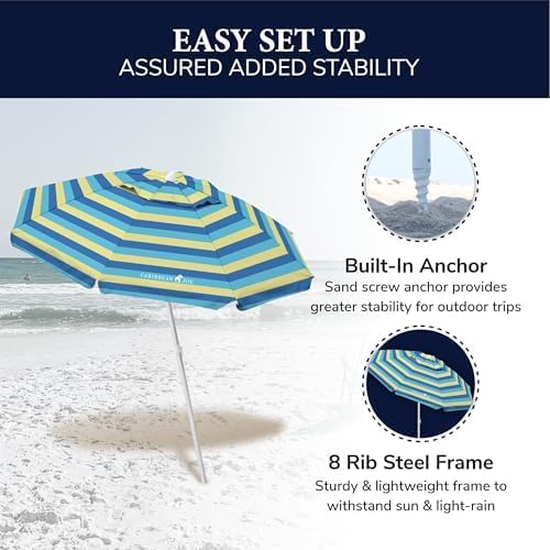 Caribbean Joe Beach Umbrella, Portable and Adjustable Tilt Sun Umbrella with UV Protection, Vented Canopy, Full 6.5 ft Arc