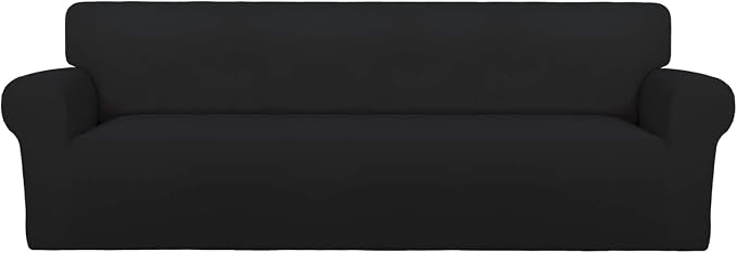 PureFit Stretch Couch Covers for Sofa 4 Seater Slipcovers Black | 1-Piece Sofa Cover Washable Soft Couch protector, Couch Slipcover with Non Skid Foam and Elastic Bottom for Kids, Dogs