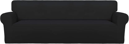 PureFit Stretch Couch Covers for Sofa 4 Seater Slipcovers Black | 1-Piece Sofa Cover Washable Soft Couch protector, Couch Slipcover with Non Skid Foam and Elastic Bottom for Kids, Dogs