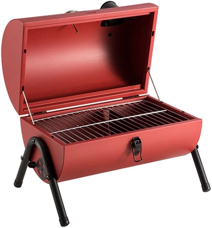 Portable Barbecue Grill Stainless Steel Barrel Charcoal BBQ Grill with Thermometer Features Side Vents and Wooden Carry Handle for Beach Outings, Garden, Party or Camping Trip (Color : Red)