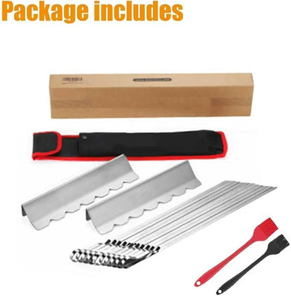Fengzhe Kabob Skewers Stainless Steel 17-Inch BBQ Skewers with 2 Heavy-Duty Skewer Racks, Set of 10 Flat Metal Sticks & 2 Brushes, Reusable for Meat, Chicken, Vegetables, with Storage Bag