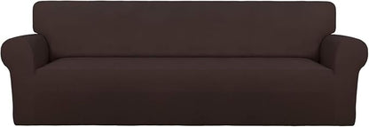 PureFit Stretch Couch Covers for Sofa 4 Seater Slipcovers Chocolate | 1-Piece Sofa Cover Washable Soft Couch protector, Couch Slipcover with Non Skid Foam and Elastic Bottom for Kids, Dogs