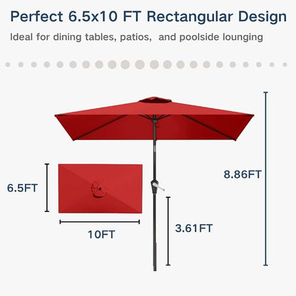 6.5' x 10' Rectangular Patio Umbrella Large Outdoor Market Umbrella w/UV Protection, Push Button Tilt and Crank Lift, Rectangle Table Umbrella for Garden, Deck, Pool, Patio, Red