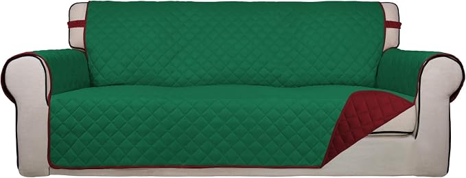 PureFit Reversible Quilted Couch Covers for Dogs Oversized Sofa Cover 78” | Green/Red, Water Resistant Couch Protector, Washable Pet Couch Cover with Non Slip and Elastic Straps For Kids