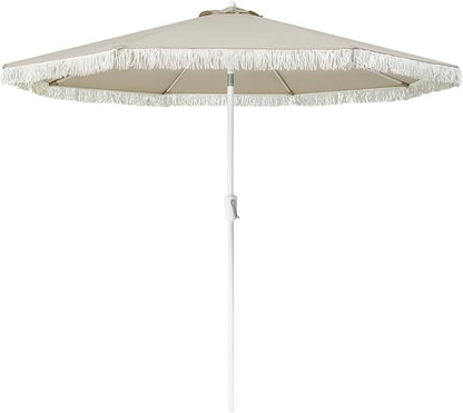Tempera 9ft Auto Tilt Patio Umbrellas with Fringe, Outdoor Market Umbrellas with Fade Resistant Canopy, 8 Sturdy Rids, Luxurious Vintage Umbrellas for Lawn, Pool, Deck, Balcony