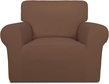 PureFit Super Stretch Chair Covers Fleece Couch Covers for Sofa Brown | 1-Piece Spandex Couch Cover Soft Couch Protector, Sofa Cover Washable with Non Skid Foam and Elastic Bottom for Kids, Dogs