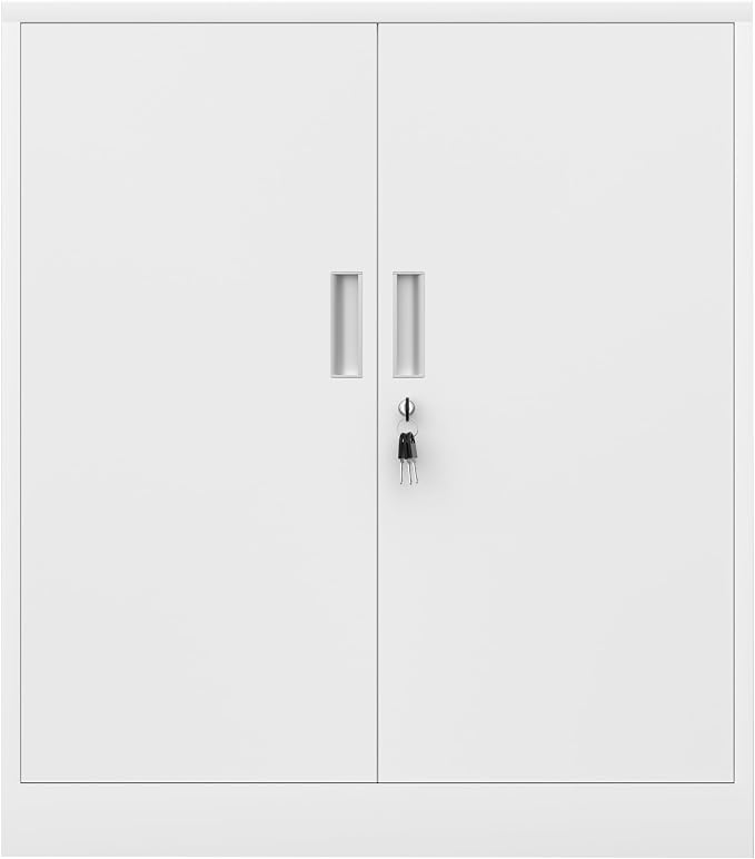 Metal Storage Cabinet with Locking Doors and 2 Adjustable Shelves, Small Lockable Steel Storage Cabinets for Home Office Garage Kitchen Pantry (White)