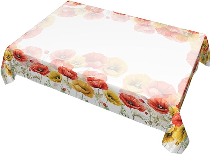 Decorative Rectangle Table Cloths Watercolor Poppy Spring Seasonal Summer Flower Tablecloth Table Cover for Dining/BBQ/Picnic/Coffee Table 52 X 70 Inches