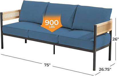 Gand Patio Outdoor 3-Seat Couch Sofa, Wicker Conversation Set with Thick Cushion for Porch, Garden, Yard (Peacock Blue)