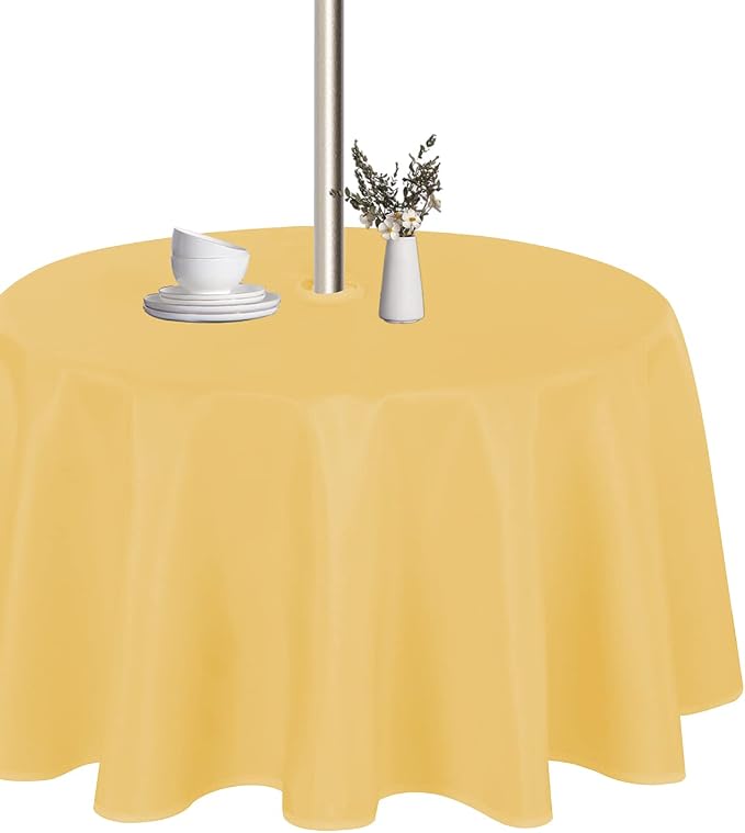 LUSHVIDA Round Outdoor Tablecloth with Umbrella Hole and Zipper, 60 Inch Yellow, Washable Waterproof Table Cloth Spill Proof Wrinkle Free Table Cover for Patio Spring Summer Picnic BBQS