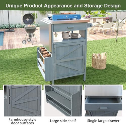 Outdoor Grill Cart with Stainless Steel Top, 40.5”Solid Wood BBQ Prep Table for Pizza Oven, Mobile Outdoor Kitchen Island with Drop Leaf, Storage Cabinet, Towel Rack & Spice Holder for Patio