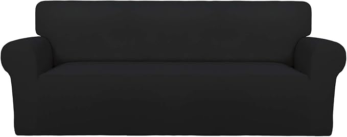 PureFit Stretch Oversized Couch Covers Fleece Sofa Slipcovers Black | 1-Piece Sofa Cover Washable Soft Couch Protector, Couch Slipcover with Non Skid Foam and Elastic Bottom for Kids, Dogs