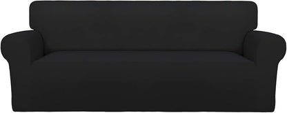 PureFit Stretch Oversized Couch Covers Fleece Sofa Slipcovers Black | 1-Piece Sofa Cover Washable Soft Couch Protector, Couch Slipcover with Non Skid Foam and Elastic Bottom for Kids, Dogs