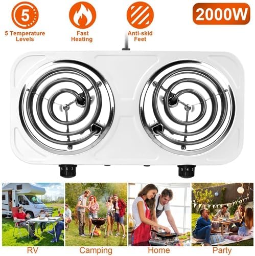2000W Electric Double Burner, Portable Coil Heating Hot Plate Stove, Countertop Cooker with 5 Temperature Adjustments & Non Slip Rubber Feet for RV Kitchen (white)