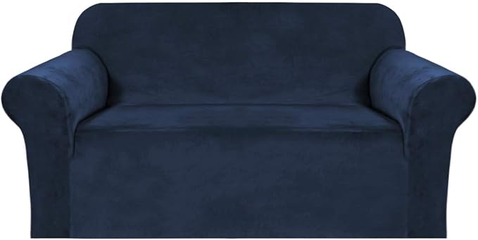 H.VERSAILTEX Stretch Velvet Loveseat Covers for 2 Cushion Couch Covers for Living Room Sofa Covers Slipcovers with Non Slip Straps Bottom, Ultra Thick Comfy Velour (Width 58"-72", Navy)