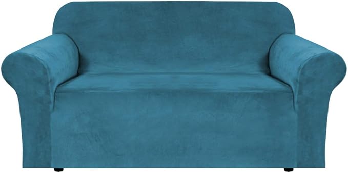 H.VERSAILTEX Stretch Velvet Loveseat Covers for 2 Cushion Couch Covers for Living Room Sofa Covers Slipcovers with Non Slip Straps Bottom, Ultra Thick Comfy Velour (Width 58"-72", Peacock Blue)