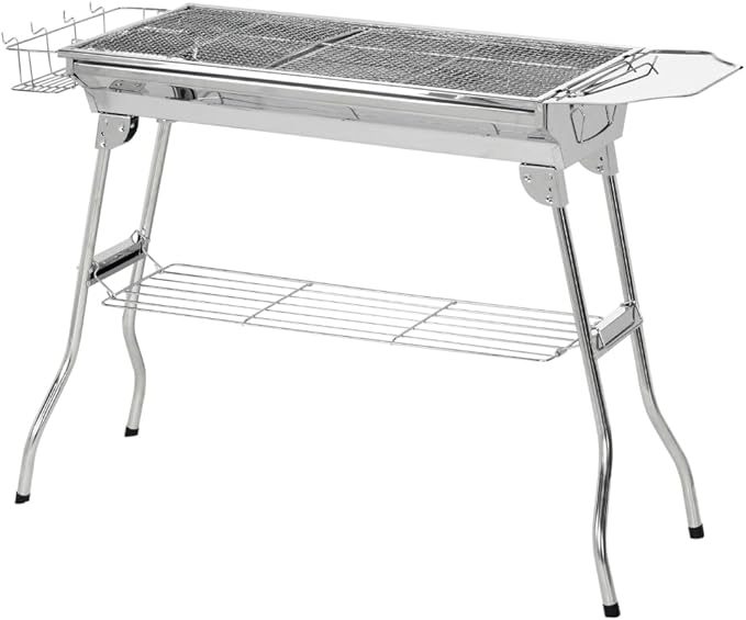 Portable Charcoal Barbecue Grill with Storage, Folding Small BBQ for Camping Tailgating Picnic, Includes Grill Grate and Non-Stick Pan, Stainless Steel Outdoor Cooker with Air Vents