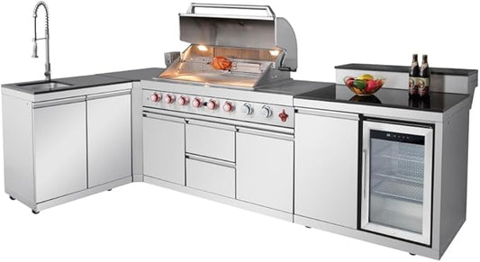 6-Burner 99000 BTU Stainless Steel Outdoor Kitchen Island Grill with Sink, Storage Cabinet, Refrigerator and Three-Tier Corner Cabinet