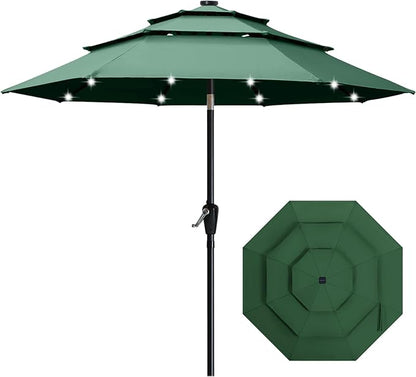 ABCCANOPY 3-Tiers 11FT Solar Patio Umbrella, Outdoor Umbrella with 32 LED Lights for for Deck, Pool, Garden, Backyard (Green)