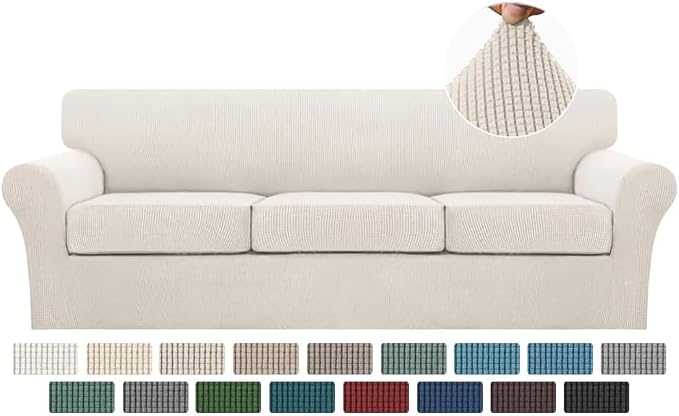 Turquoize 4 Piece Sofa Covers for 3 Cushion Couch Sofa Slipcover Soft Couch Cover for Dogs-Washable Sofa Furniture Covers with 3 Individual Large Cushion Covers, Feature Thick Fabric (XL Sofa, Ivory)