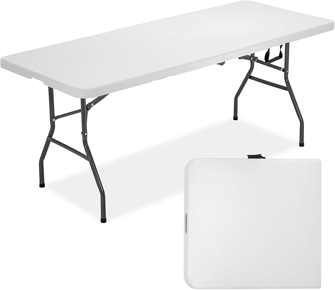 FDW | 6FT Folding Table | White | Portable Plastic Table | with Carry Handle | Waterproof & Foldable Table Design | Steel Frame with Lock | for Events, Camping, Indoor & Outdoor Use