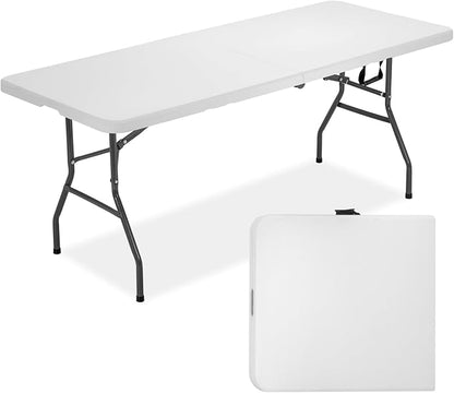 FDW | 6FT Folding Table | White | Portable Plastic Table | with Carry Handle | Waterproof & Foldable Table Design | Steel Frame with Lock | for Events, Camping, Indoor & Outdoor Use