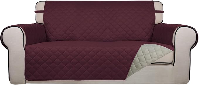 PureFit Reversible Quilted Couch Covers for Dogs Loveseat Sofa Cover 54" | Wine/Beige, Water Resistant Couch Protector, Washable Pet Couch Cover with Non Slip and Elastic Straps For Kids