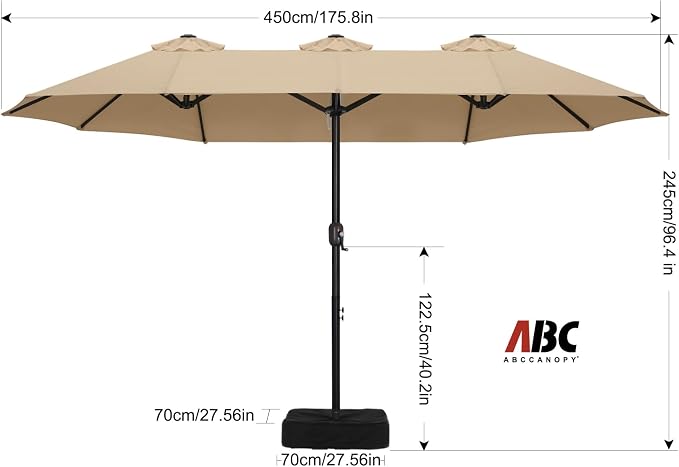 ABCCANOPY 15FT Double-Sided Rectangle Patio Umbrella with Base, Khaki | Rectangular Outdoor Table Umbrella with Crank, Heavy Duty Market Umbrella Shade for Garden,Poolside, Lawn, Backyard