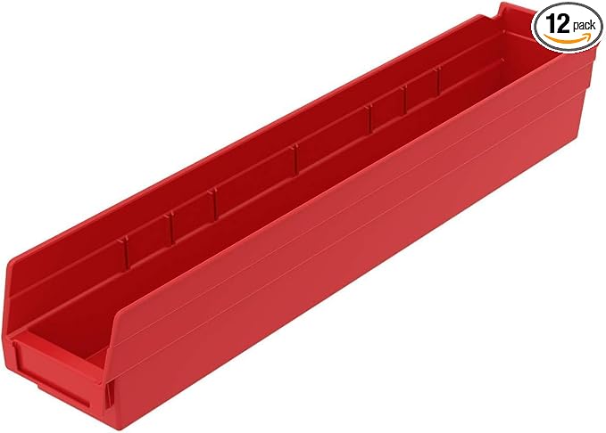 Akro-Mils 30124 Heavy Duty Plastic Shelf Bins, 24"x 4"x 4", Red, 12-Pack | Heavy Duty Nesting Storage Bins for Garage, Closet, Refrigerator, Kitchen, Cabinet, Drawer Organization, Pantry Organization