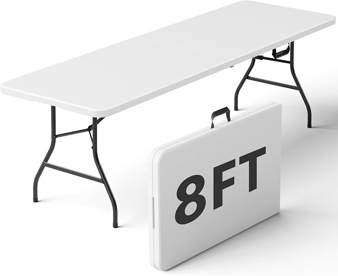 Folding Table, 8FT Foldable Picnic Table with Carrying Handle, Heavy Duty Fold-in-Half Portable Table for Weddings, Camping, RV Travel, Parties, BBQs, and Indoor Use, Easy to Fold and Store, White