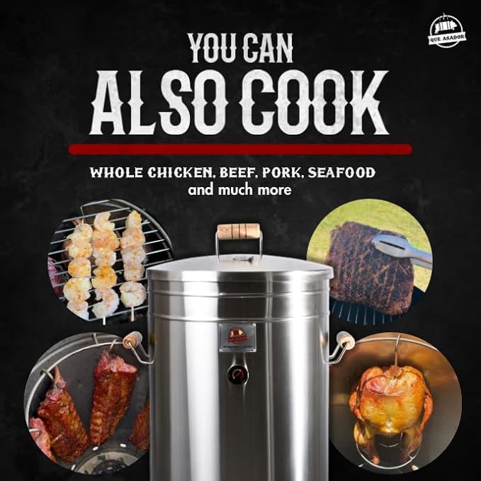 (50 Pound) 2-in-1 Smoker Barrel Vertical Grill - Premium 304 Stainless Steel - Big Barril Charcoal BBQ Thermometer & Ventilation - Cooking Accessories Meat Kit - Portable Outdoor, Camping - QUE ASADOR