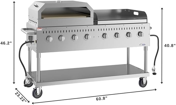 Pemberly Row 60" Commercial Outdoor Propane BBQ Grill with Pizza Oven Attachment, 8-Burner Stainless Steel Gas Grill