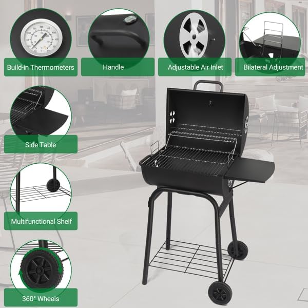 Black Charcoal Grill With Side Table, Mobile BBQ Grill With Wheels, Outdoor Charcoal Barbecue Grill with Wheels for Garden, Camping,Outdoor Grilling Station, Barbecue With Side Table (33INCH)