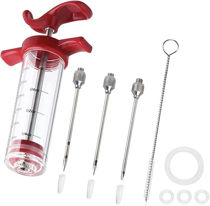 Meat Injector Syring-e Kit,3 Needles Porous Turkey Injector for Meats with Cleaning Brush,Marinade Injector Syring-e for BBQ Grill with Black Oil Brush Easy to Use and Clean