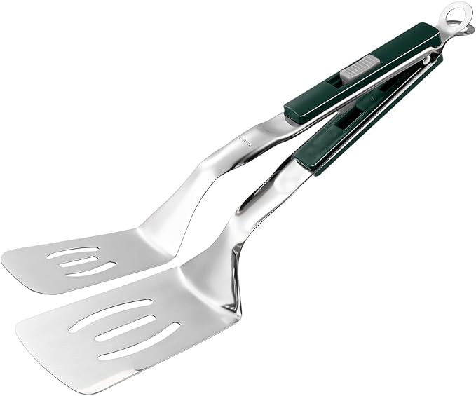M METERXITY Spatula Tongs, 11.4 Inch 304 Stainless Steel Anti-Scald Multifunctional Flipper Grill Clamp for Cooking/Barbecue, Kitchen Cooking Tongs [Green Handle, Silver Tone]