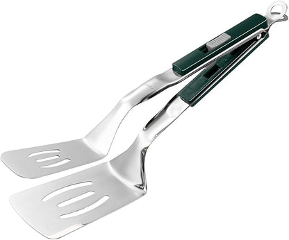 M METERXITY Spatula Tongs, 11.4 Inch 304 Stainless Steel Anti-Scald Multifunctional Flipper Grill Clamp for Cooking/Barbecue, Kitchen Cooking Tongs [Green Handle, Silver Tone]