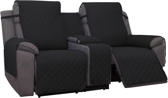 PureFit Water Resistant Reversible Loveseat Recliner Cover - Non Slip Furniture Protector for 2 Seat Recliner, Black/Beige | Double with Console, Non Slip Split Sofa Cover, Washable Reclining Cover, Black/Beige
