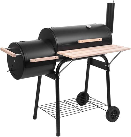 Dual Chamber Charcoal Grill & Smoker, Oil Drum BBQ with Side Smoker, 500-600°F High Temp, Portable Outdoor Grill with Wheels, Thermometer, Wood Shelf for Patio Camping Backyard Family Gathering Black