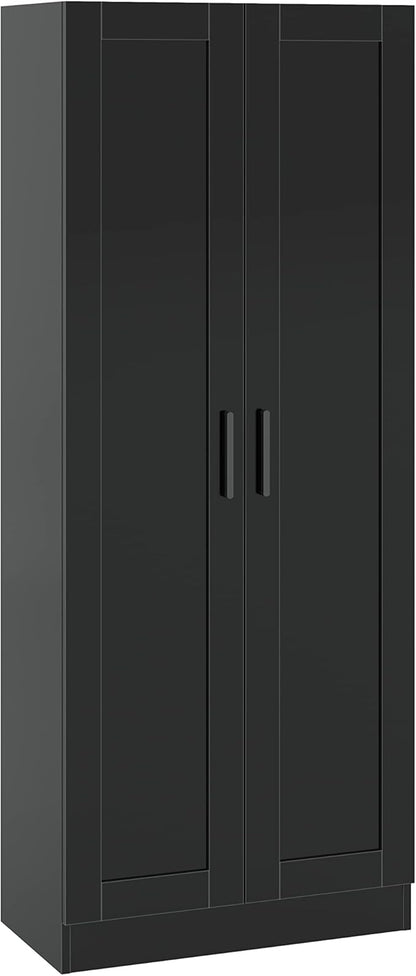 Panana Wooden Storage Cabinet, Narrow Pantry Cabinets Free Standing Tall Storage Cabinet with 2 Doors and Shelves (Black)