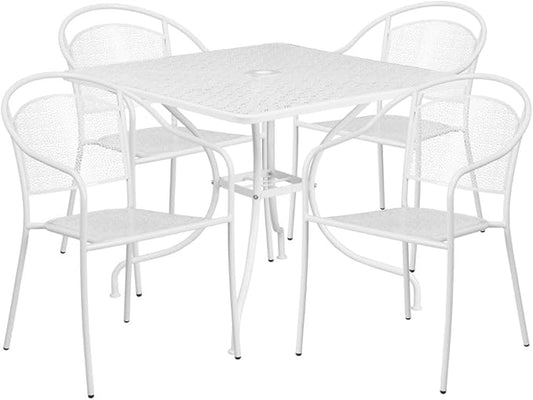 Flash Furniture Oia Commercial Grade 35.5" Square White Indoor-Outdoor Steel Patio Table Set with 4 Round Back Chairs