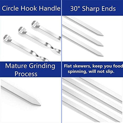 12PCS Kabob Skewers Flat Metal BBQ Barbecue Skewer 14" Long Stainless Steel Shish Kebob Sticks Wide Reusable Grilling Skewers Set for Meat Shrimp Chicken Vegetable, 12 Pack